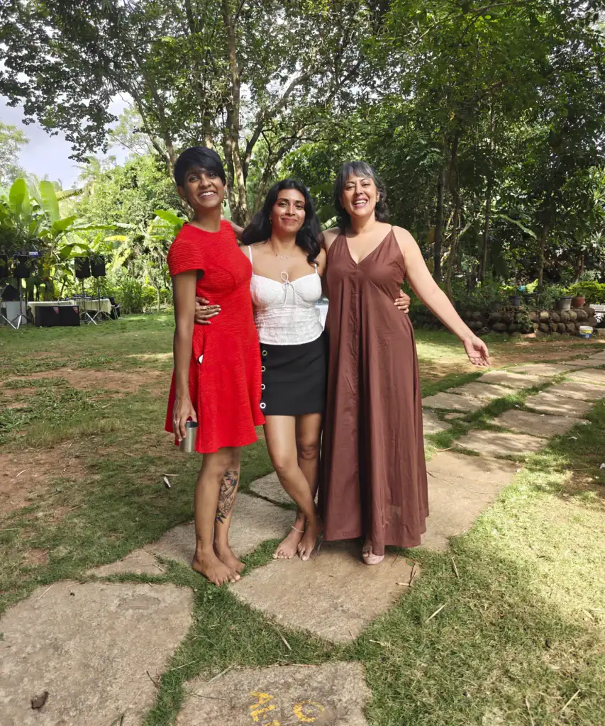Chaitali Raizada (right), Jananee Mohan (centre) and Yamini Gowda (left) at a get together at Dee Mandala farms