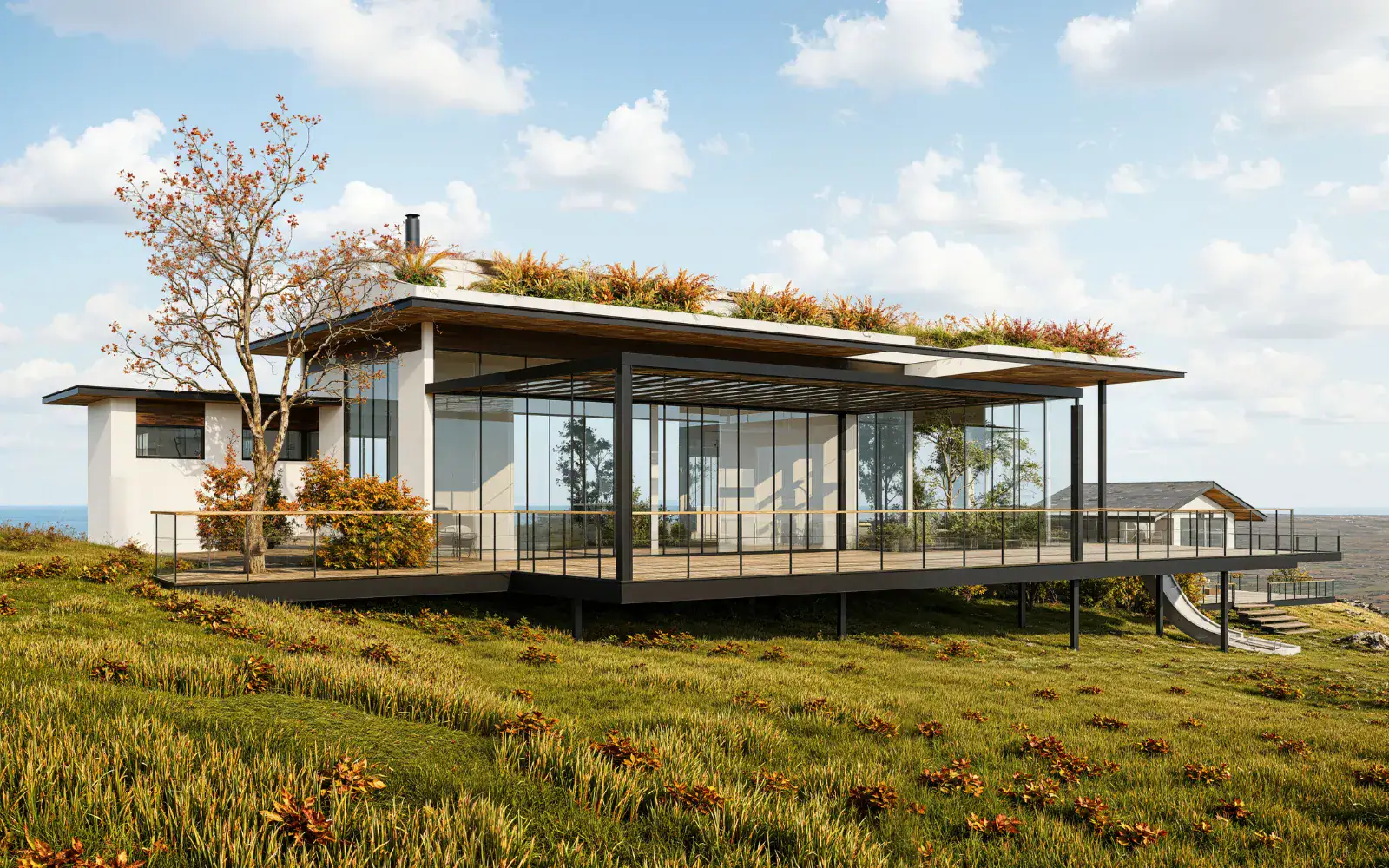 Architect's visualization of the Residence at Earthness, deck set into the slope.